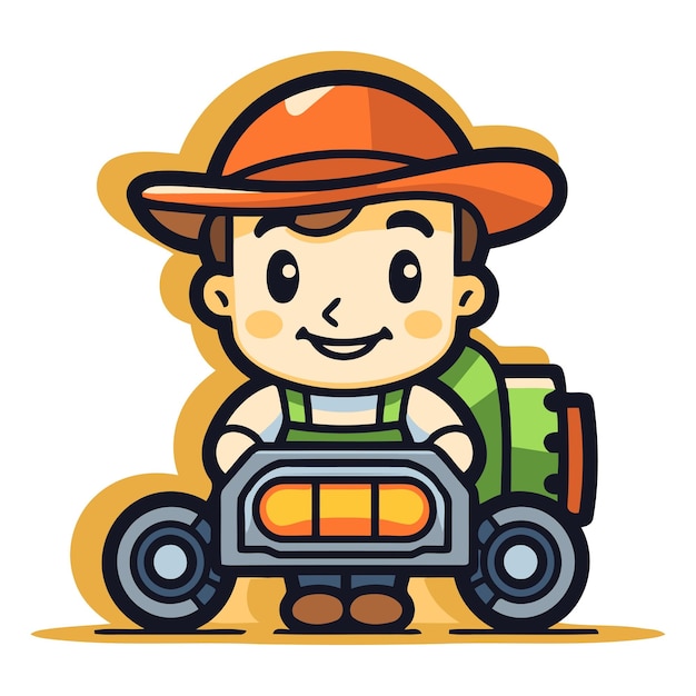 Vector el tractor del granjero de dibujos animados, la mascota, el personaje, el icono vectorial, la ilustración.