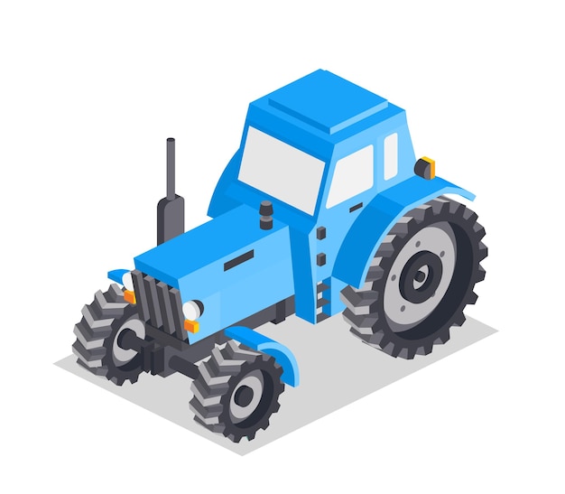 Tractor isométrico aislado sobre fondo blanco Cabina azul Gran tractor agrícola moderno pesado para trabajos de campo