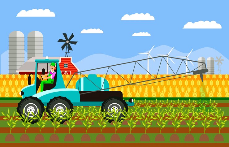 Vector tractor pulverización cosecha color ilustración vectorial