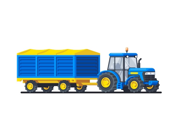 Tractor con remolque aislado sobre fondo blanco. Máquinas agrícolas. Ilustración de estilo plano