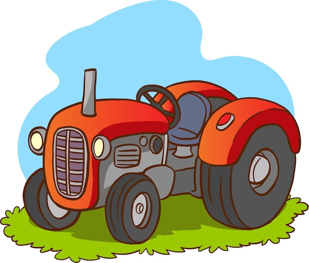 Tractor rojo de dibujos animados aislado sobre fondo blanco. Maquinaria agrícola pesada para trabajos de campo.