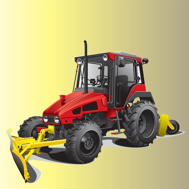 Un tractor rojo con una retroexcavadora amarilla en la parte delantera.