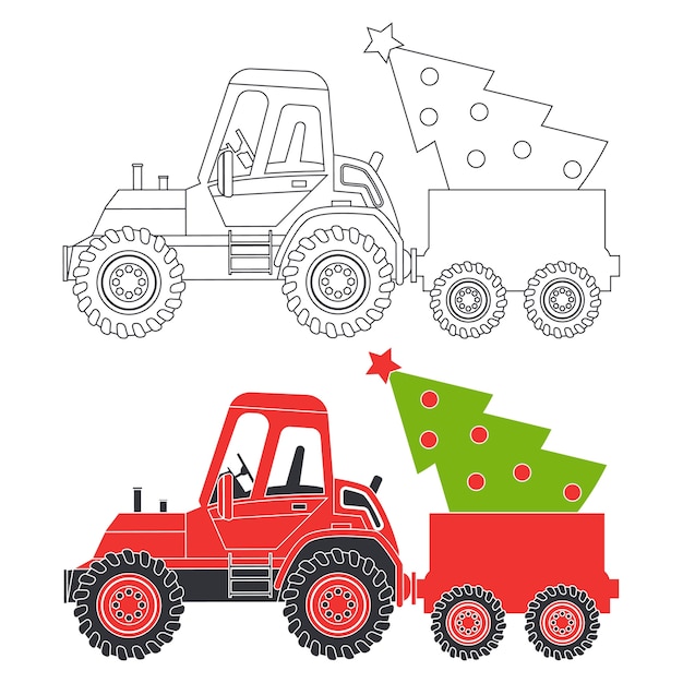 Tractor rojo con silueta de dibujos animados de árbol de navidad e ilustración de página de libro para colorear sobre un fondo blanco.