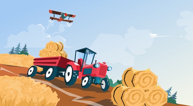 Tractor straw bale wheat harvest field vector illustration