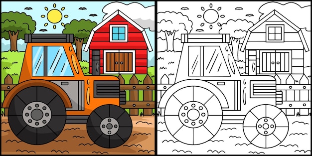 Tractor vehículo página para colorear ilustración coloreada