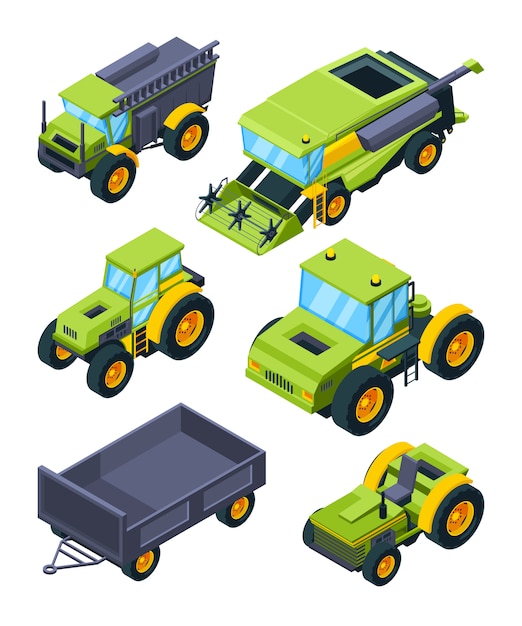 Tractores isométricos y otras máquinas agrícolas diversas.