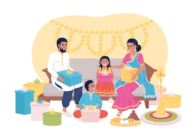 Tradición de intercambio de regalos en la ilustración aislada del vector Diwali 2D