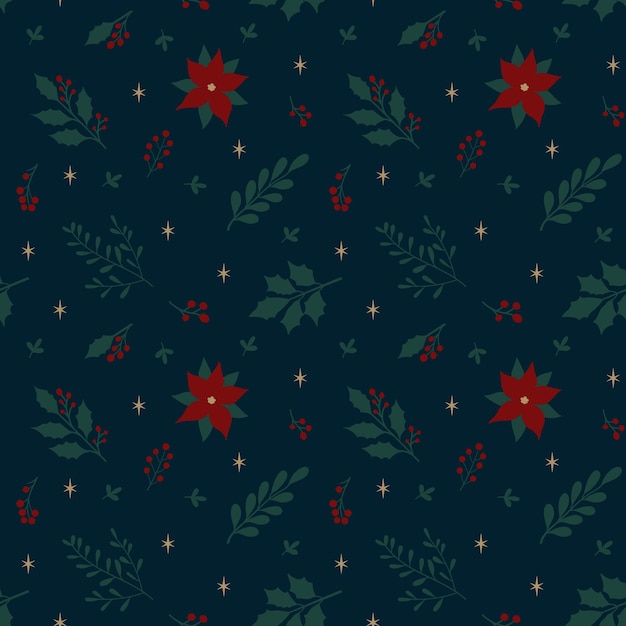 Tradicional Navidad festiva patrón sin costuras ramas de Navidad con bayas en fondo oscuro