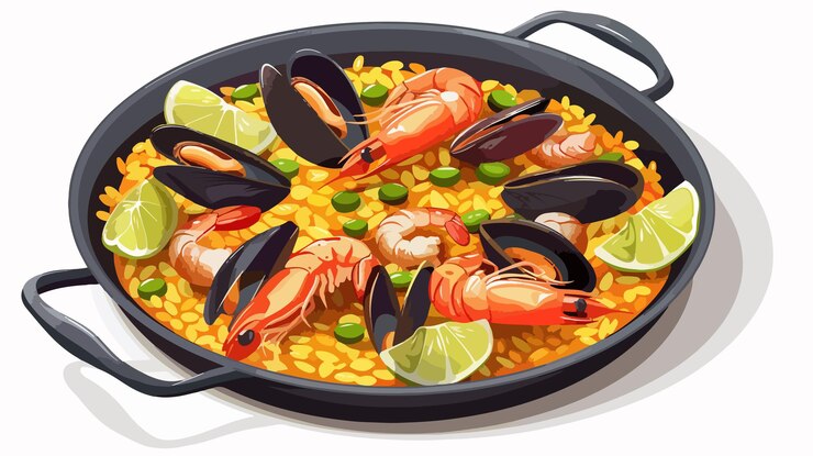 La tradicional paella española aislada sobre un fondo blanco