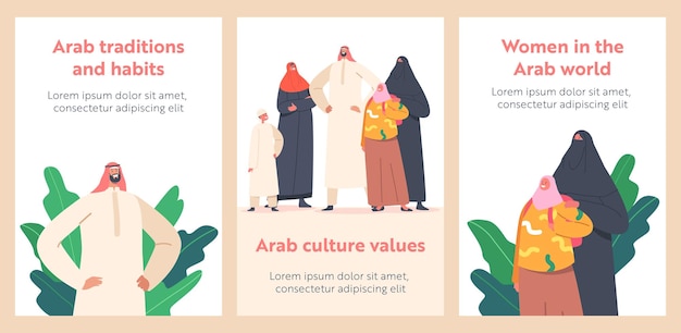 Tradiciones árabes y pancartas culturales personajes familiares padres e hijos los saudíes usan ropa nacional cultura musulmana personajes del mundo árabe dibujos animados vector ilustración conjunto de carteles