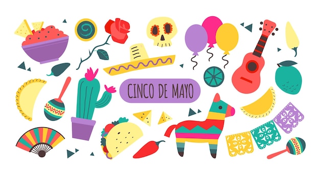 Vector tradiciones del cinco de mayo iconos mexicanos conjunto de ilustraciones vectoriales