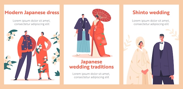 Vector tradiciones de matrimonio asiático banners parejas de bodas japonesas tradicionales usan vestido de novia personajes de novia y novio