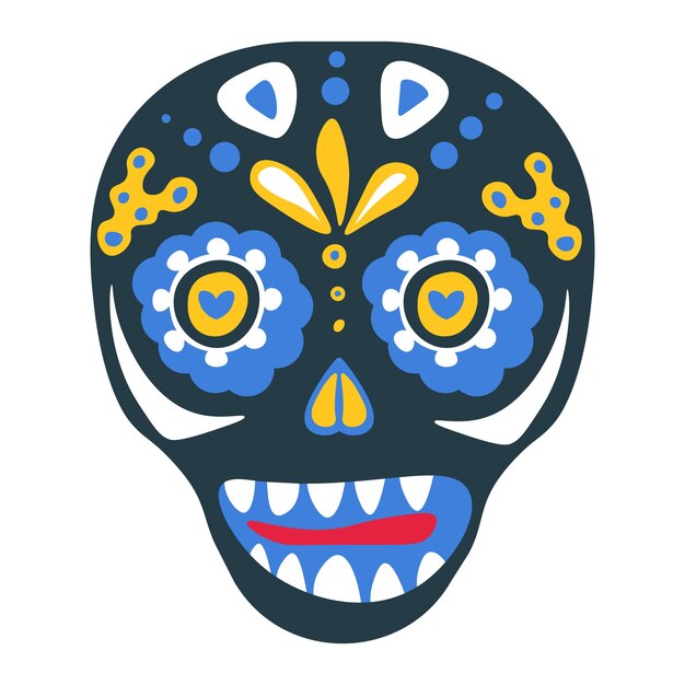 Tradiciones mexicanas en el día de muertos, celebración de halloween. cráneo aislado con adornos y follaje decorativo y flora. costumbres de carnaval o festival en américa latina, vector en plano