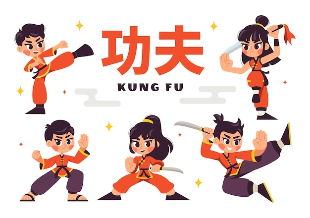 Traducción china Kung Fu con personas que demuestran artes marciales chinas en un estilo plano Ilustración vectorial de fondo de dibujos animados