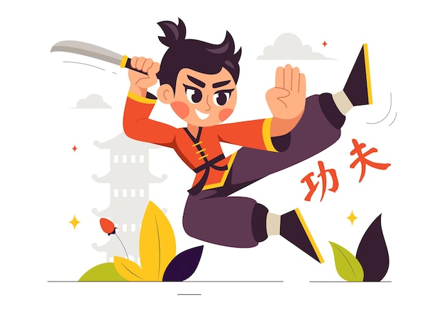 Traducción china Kung Fu con personas que demuestran artes marciales chinas en un estilo plano Ilustración vectorial de fondo de dibujos animados