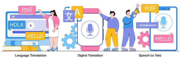 Traducción de idiomas, traductor digital, concepto de voz a texto con carácter de personas. Aplicación móvil MT, comunicación multilingüe, conjunto de ilustraciones vectoriales abstractas de aplicaciones de reconocimiento de voz.