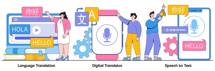 Vector traducción de idiomas, traductor digital, concepto de voz a texto con carácter de personas. aplicación móvil mt, comunicación multilingüe, conjunto de ilustraciones vectoriales abstractas de aplicaciones de reconocimiento de voz.
