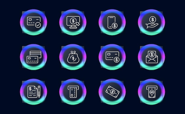 Traducción en línea Icon de línea de conjunto Depósitos financieros Porcentaje de crecimiento Búsqueda de acciones Apuestas inversiones ganancias Estilo Glassmorphism Icon de línea vectorial para negocios y publicidad