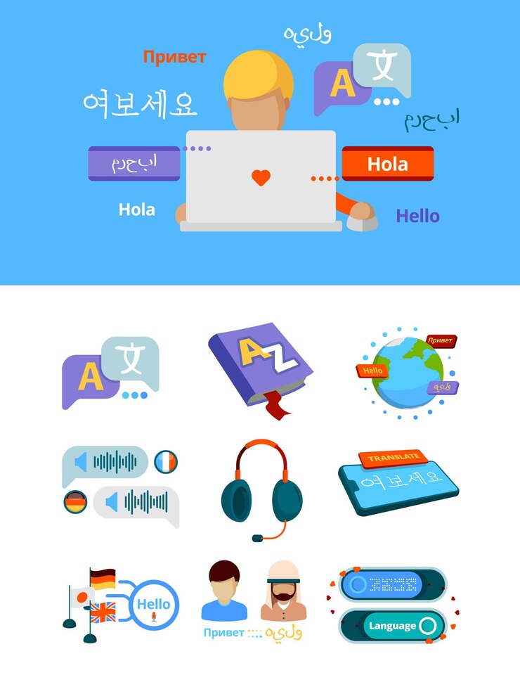 Vector traducir iconos. traducción global del alfabeto de nacionalidades para imágenes vectoriales gráficas del servicio de aplicaciones bilingües en idiomas extranjeros. ilustración de comunicación bilingüe, inglés extranjero y alemán