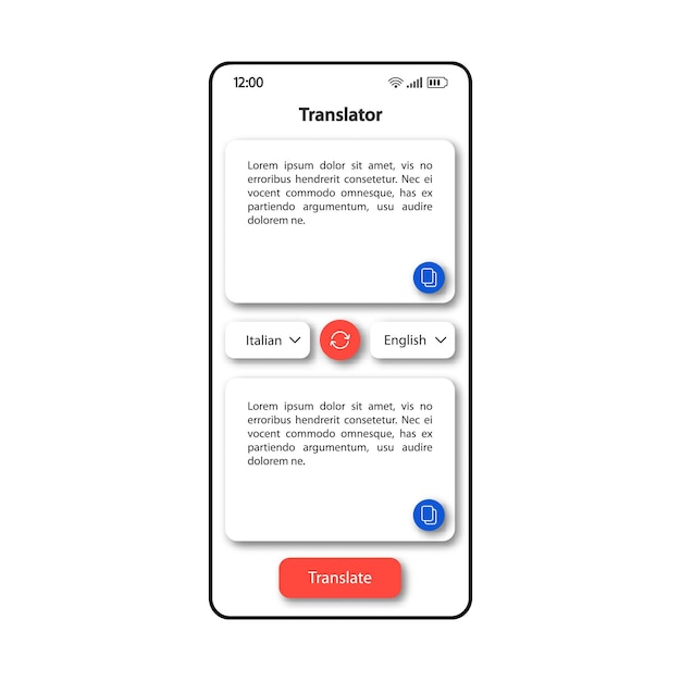Traductor en línea plantilla de vector de interfaz de teléfono inteligente. Diseño de color de la página de la aplicación móvil. Pantalla de opciones de traducción de texto. Interfaz de usuario plana para la aplicación. Pantalla de teléfono de intérprete de idiomas extranjeros