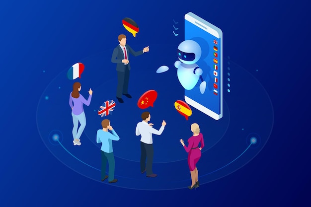 Traductor de voz en línea isométrico y concepto de idiomas de aprendizaje. E-learning, traducir idiomas o audioguía. Traductor de chatbot de inteligencia artificial.