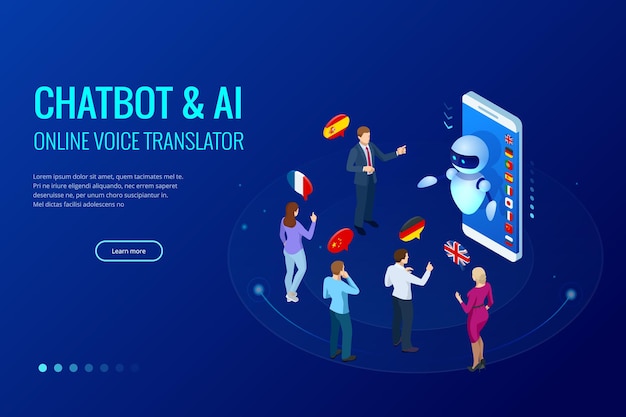 Traductor de voz en línea isométrico y concepto de idiomas de aprendizaje. E-learning, traducir idiomas o audioguía. Traductor de chatbot de inteligencia artificial.