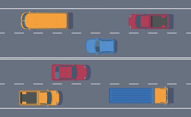 Tráfico por carretera libre flujo de máquinas en una carretera de varios carriles differente automóvil en la autopista vector de vista superior