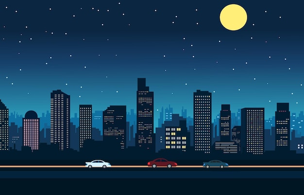 Vector tráfico en la ciudad por la noche con rascacielos ilustración de diseño plano del paisaje