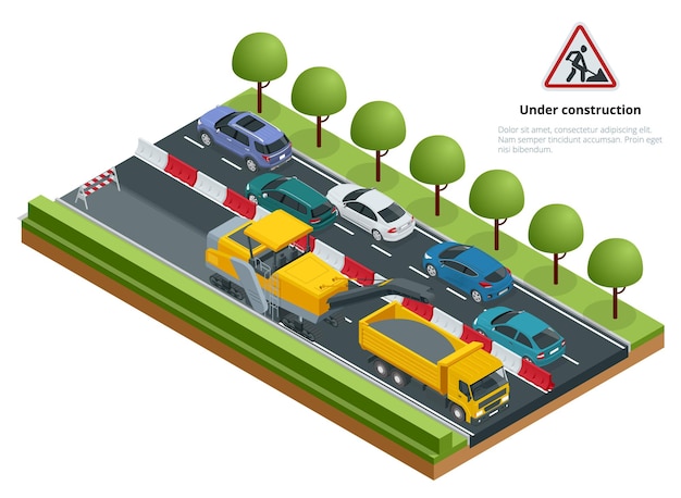 Vector tráfico isométrico en el concepto de reparación de carreteras y carreteras. fresadora en frío quitando la capa de asfalto en una carretera. ilustración vectorial