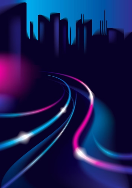El tráfico de líneas brillantes de la carretera de la ciudad de la noche. Efecto vector hermoso fondo. Desdibujar colorido fondo oscuro con el paisaje urbano, edificios siluetas horizonte.