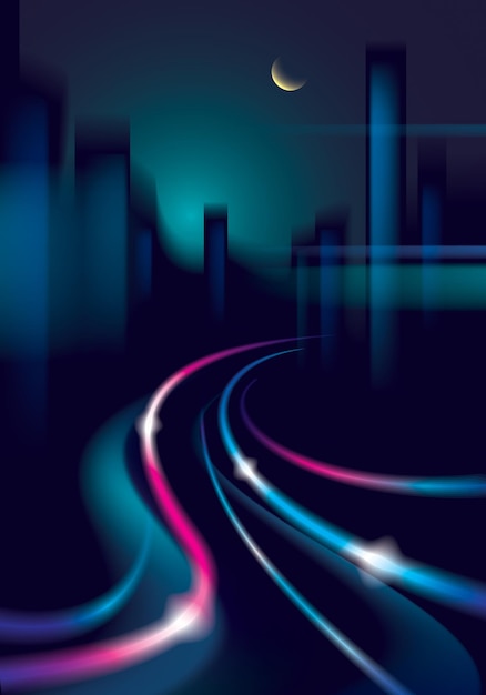 Vector el tráfico de líneas brillantes de la carretera de la ciudad de la noche. efecto vector hermoso fondo. desdibujar colorido fondo oscuro con el paisaje urbano, edificios siluetas horizonte.