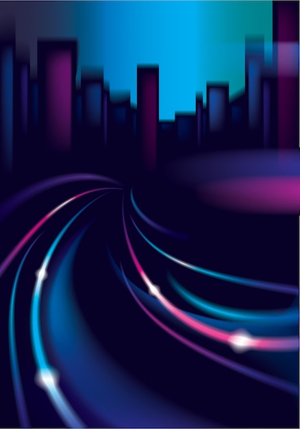 Tráfico senderos brillantes de la carretera de la ciudad de la noche. Efecto vector hermoso fondo. Desdibujar colorido fondo oscuro con el paisaje urbano, edificios siluetas horizonte.