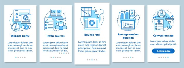 Tráfico del sitio web que incorpora la pantalla de la página de la aplicación móvil con conceptos lineales. Análisis de la tasa de conversión de ventas. Instrucciones de los pasos del tutorial de métricas de SMM. UX, UI, plantilla vectorial GUI con ilustraciones