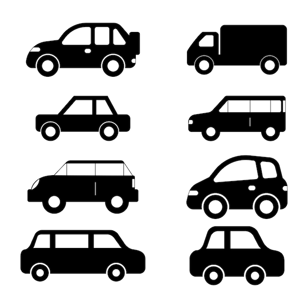 Tráfico de vehículos de transporte de automóviles de transporte Colección de iconos de pictogramas laterales de silueta negra