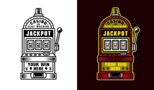 Tragamonedas casino jackpot dos estilos negro sobre blanco y colorido sobre fondo oscuro ilustración vectorial