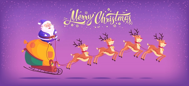 Traje azul de dibujos animados lindo Santa Claus montando trineo de renos Feliz Navidad ilustración banner horizontal