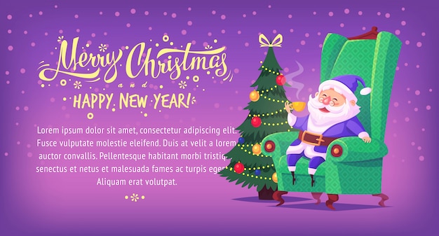 Traje azul de dibujos animados lindo santa claus sentado en silla bebiendo té feliz navidad ilustración banner horizontal