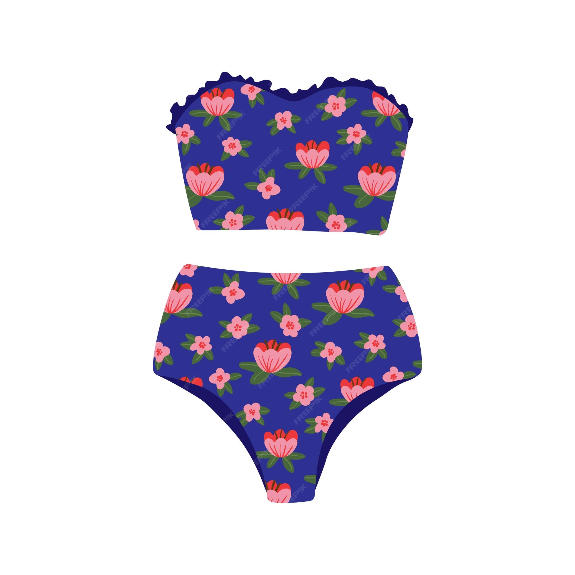 Traje de baño dos piezas femenino playa de en estilo retro parte superior e inferior del traje de baño bikini de mujer con patrón ilustración de vector colorido de