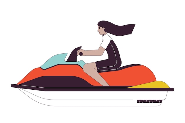 Traje de baño mujer joven árabe montando jet ski línea plana color vector carácter Contorno editable persona de cuerpo completo en blanco Deporte acuático extremo simple ilustración de punto de dibujos animados para diseño gráfico web