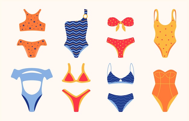 Traje de baño de playa. Colección de trajes de baño de bikini de moda de dibujos animados, ropa interior de sujetador de mujer elegante conjunto de garabatos. Traje de baño de las mujeres de la ropa de la ilustración del vector para tomar el sol