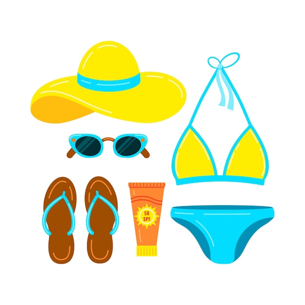 Traje de baño zapatillas sombrero gafas de sol y protector solar conjunto de iconos vectoriales aislado sobre fondo blanco.