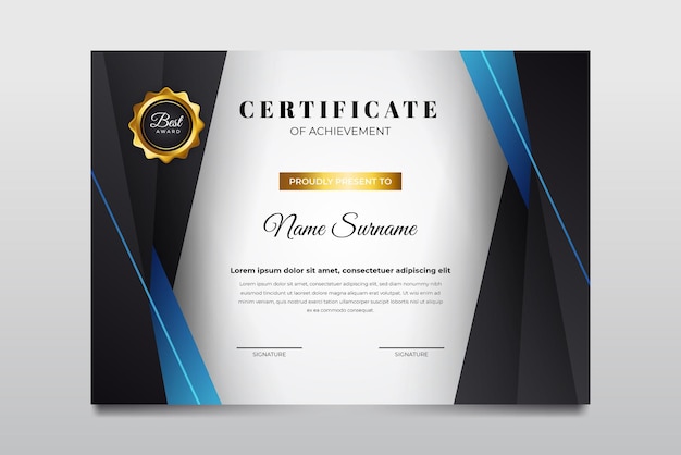Traje de diseño de plantilla de certificado de color azul negro y grisáceo para el estudiante empleado ganador y mucho más Vector Premium