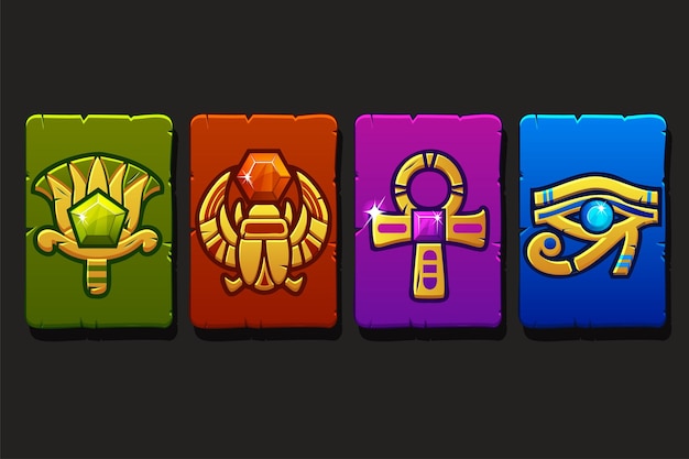 El traje egipcio de colores juega a las cartas con los símbolos del escarabajo egipcio, el loto, el ankh y el ojo de Horus.