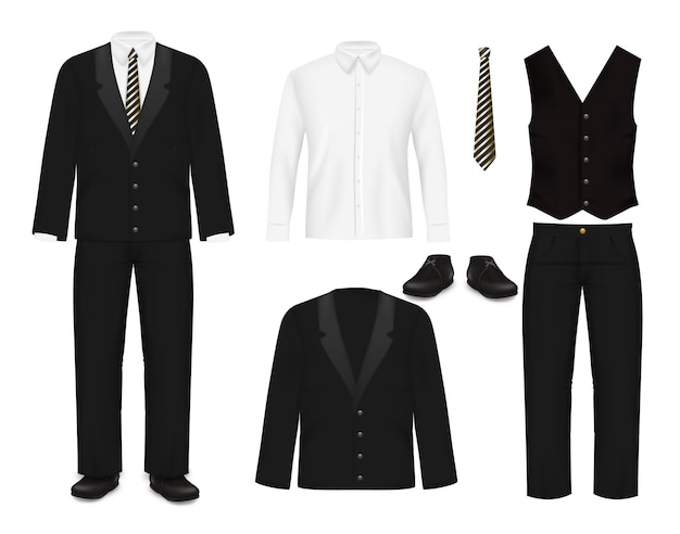 Vector traje de hombre elegante ilustración vectorial aislada sobre fondo blanco traje de hombre de tres piezas de ropa masculina de negocios que consiste en chaqueta negra, chaleco, pantalones, corbata, zapatos y camisa con cuello blanco