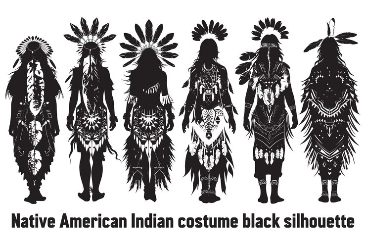 Vector traje indio nativo americano silueta negra mujer joven en traje de indio americano