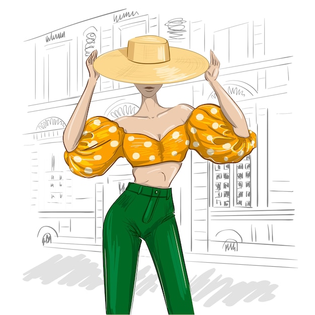 Vector traje de mujer de moda soleada con sombrero y mangas de globo