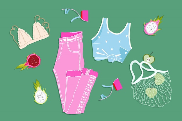 Vector traje de verano flatlay. look de moda de verano. ilustración dibujada a mano todos los elementos están aislados en un fondo verde. jeans rosas, top corto azul, sujetador y manzanas en una malla. ropa moderna