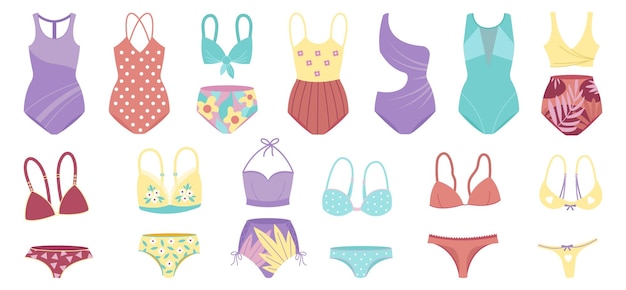 Trajes de baño femeninos clipart modelos de bikini aislados ropa de baño de moda sostén y pantalones traje de baño fiesta de playa colección vectorial decente