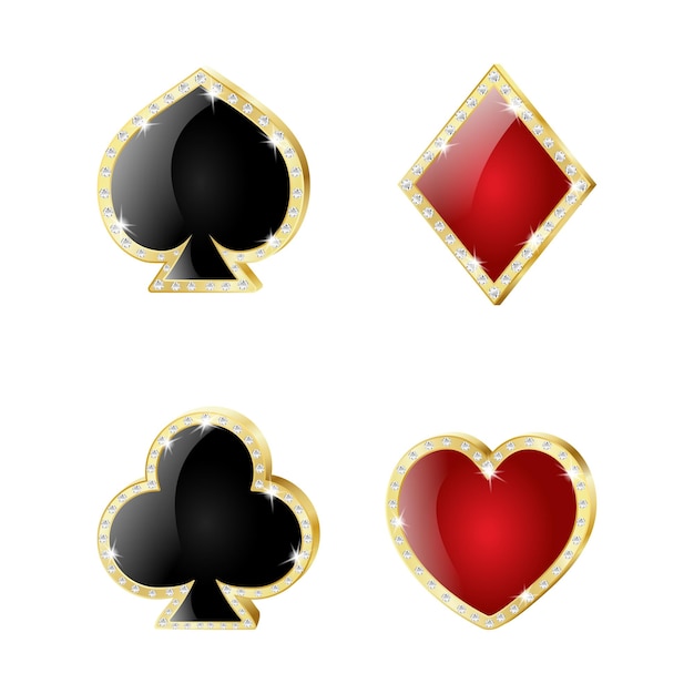 Trajes de cartas en marco dorado Corazones espadas diamantes clubes Aislados decorados con diamantes vectoriales