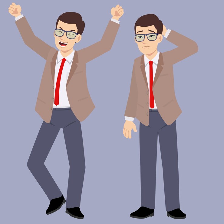 Trajes de hombre de oficina de gafas jóvenes con emoción feliz e infeliz